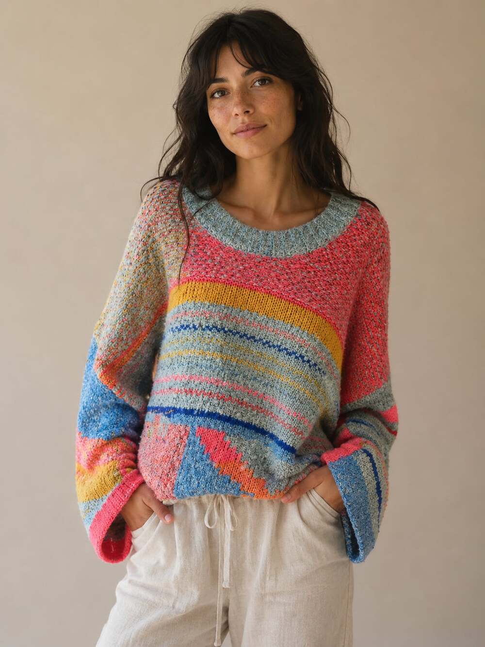 Moon & Madison Multi-Color Striped Knit Sweater Girly Boho Size M